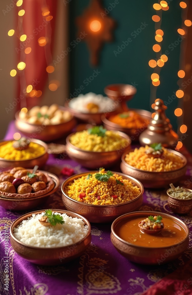 Fototapeta premium Indian festival food spread with curries rice and sweets served in copper bowls. Festive lights adorn table setting for holiday feast. Delicious cuisine presentation.
