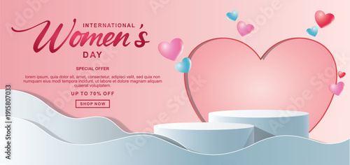 Realistic pink 3D cylindrical podium with 8 march shaped background for women's day banner. Women's day minimal scene for products showcase, Promotional display. Vector room platforms