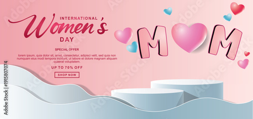 Realistic pink 3D cylindrical podium with 8 march shaped background for women's day banner. Women's day minimal scene for products showcase, Promotional display. Vector room platforms
