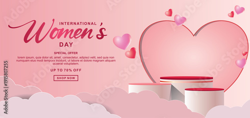 Realistic pink 3D cylindrical podium with 8 march shaped background for women's day banner. Women's day minimal scene for products showcase, Promotional display. Vector room platforms