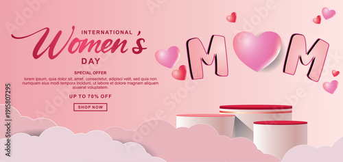 Realistic pink 3D cylindrical podium with 8 march shaped background for women's day banner. Women's day minimal scene for products showcase, Promotional display. Vector room platforms