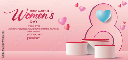Realistic pink 3D cylindrical podium with 8 march shaped background for women's day banner. Women's day minimal scene for products showcase, Promotional display. Vector room platforms