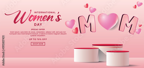 Realistic pink 3D cylindrical podium with 8 march shaped background for women's day banner. Women's day minimal scene for products showcase, Promotional display. Vector room platforms