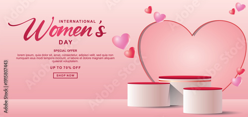 Realistic pink 3D cylindrical podium with 8 march shaped background for women's day banner. Women's day minimal scene for products showcase, Promotional display. Vector room platforms