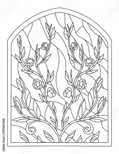 Coloring page for adults and children. Stained glass background. Flower branch with leaves.