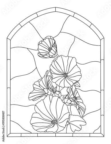Coloring page for adults and children. Stained glass background. Flower branch with leaves.