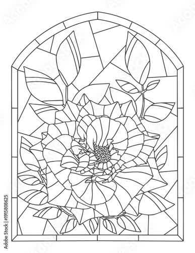 Coloring page for adults and children. Stained glass background. Rose branch with leaves.