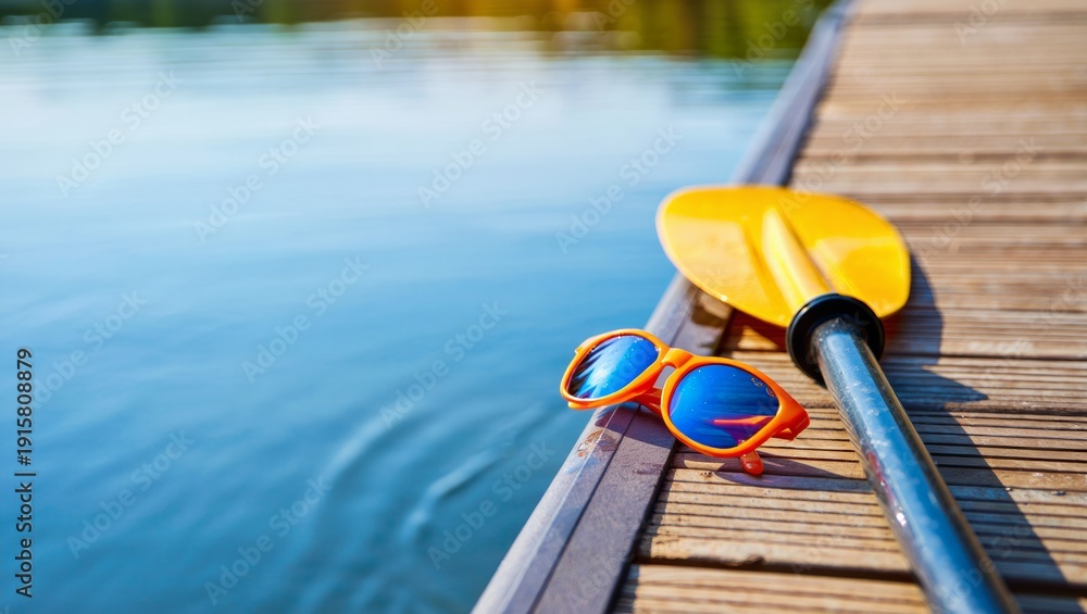 Fototapeta premium Paddle and sunglasses lying on a wooden dock by the calm lake water, ready for summer water sports activities