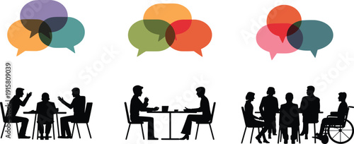 People communication silhouettes set with speech bubbles, business discussion and group conversation concept, teamwork and social interaction vector illustration isolated on white background
