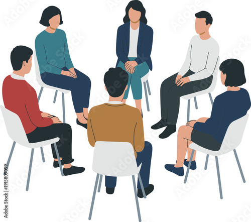 Group therapy session illustration, people sitting in circle discussion meeting, mental health support concept vector isolated on white background