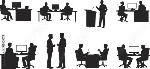 Office worker silhouettes set, business people working at desks and presenting, corporate workplace concept vector illustration isolated on white background