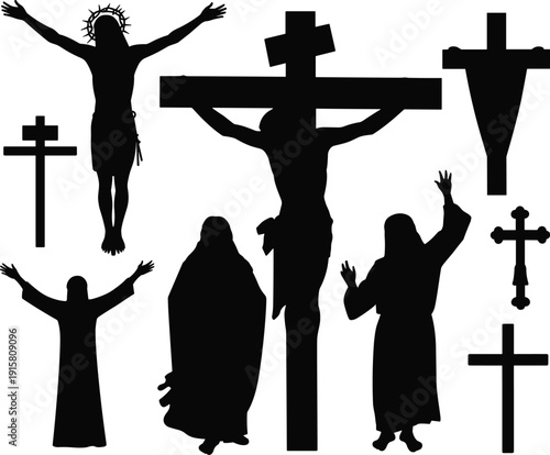 Jesus Christ crucifixion silhouettes set, Christian cross symbols and biblical figures illustration, religious faith concept vector isolated on white background