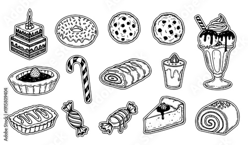 Cute Doodle Ink Sweets and Pastries Vector Set Bakery Dessert Clipart Collection