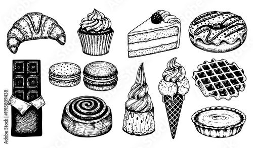 Hand Drawn Ink Sketch Sweets and Pastries Collection Vintage Engraving Style Vector Set