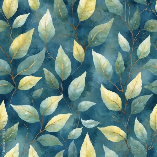 Seamless pattern with light green and yellow leaves on dark blue watercolor background. Branches with foliage repeat across surface for fabric textile or wallpaper print.