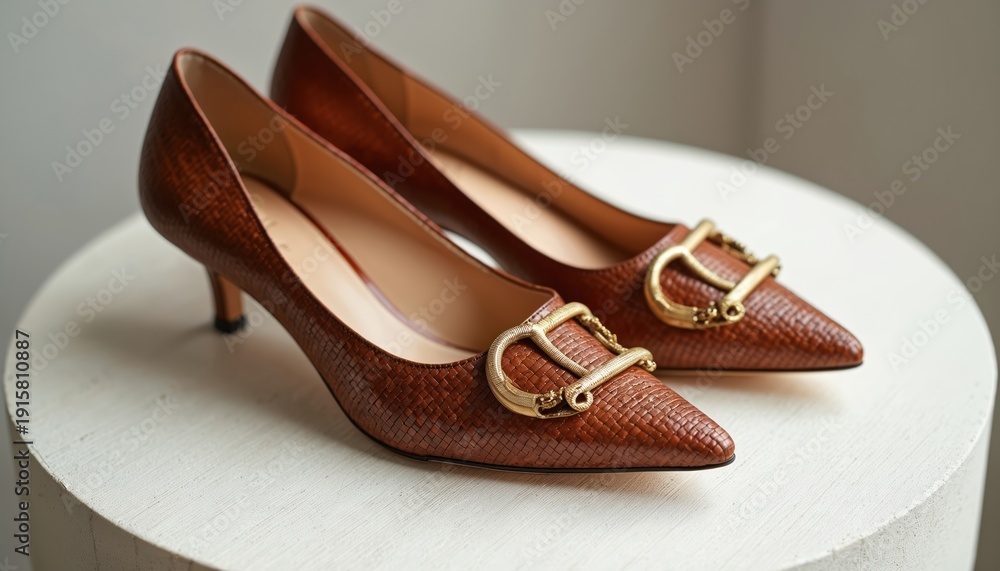 Fototapeta premium Elegant brown woven leather heels with gold buckles. Pointed toe fashion shoes displayed on white circle surface. Stylish footwear for chic outfits.