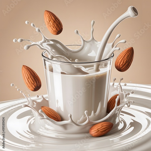 Almond milk splash in glass with floating almonds, plant based dairy alternative concept for healthy nutrition, vegan lifestyle, organic beverage and natural food design
