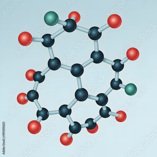 Molecular structure model with connected atoms forming circular chemical compound, chemistry and biochemistry concept for scientific research, pharmaceutical development and laboratory education
