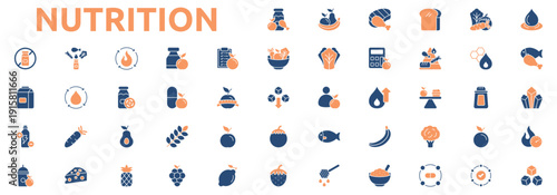 Nutrition icon set two color style with fruits, meat, carbohydrate, vegetable, water, protein, mineral, calories, sugar, metabolism, supplement, nutrition plan, healthy food icons