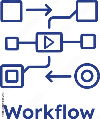 Workflow process diagram with play button and arrows on transparent background