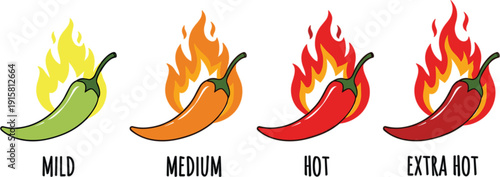 Vector set of chili peppers with fire flames indicating spice levels from mild medium hot to extra hot for restaurant menus