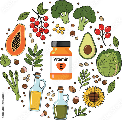 Vector illustration of Vitamin E supplement bottle surrounded by natural food sources including avocado papaya broccoli oils and nuts