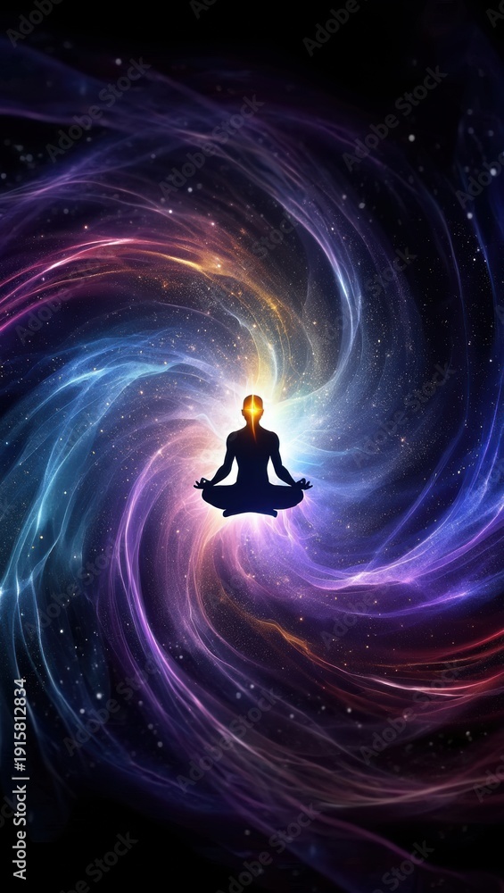 Obraz premium Meditating Silhouette in Cosmic Nebula