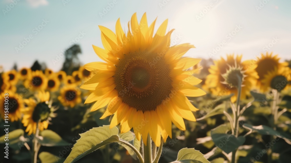 Obraz premium Close-up of vibrant yellow sunflower with green leaves in a field, sunlight illuminating petals and surrounding sunflowers in the background