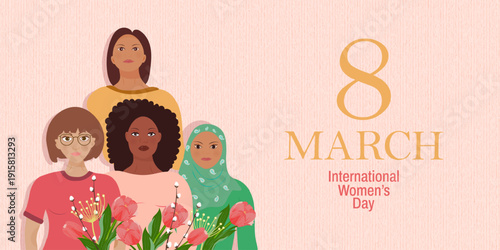 International Womens Day Banner featuring diverse women with flowers. Concept of equality, empowerment and solidarity for March 8 celebration, social campaigns and corporate communication.