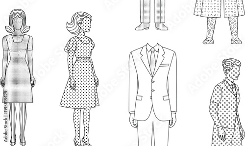 Fashion illustrations of men and women in various outfits and styles displayed together