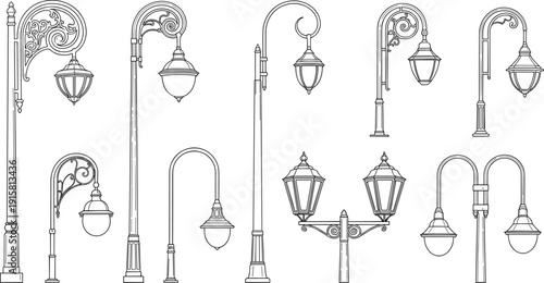 Collection of ornate street lamps and lanterns in various styles and designs for urban illumination