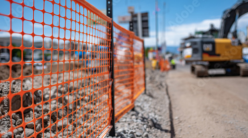 High-detail close-up of modular temporary fencing forming a secure perimeter around a busy construction zone, orange mesh stretched tightly between steel posts, gravel and dirt at
