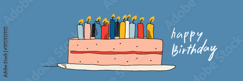 Birthday cake with ten candles and happy birthday text. Illustrated birthday cake with ten lit candles and Happy Birthday message on blue background