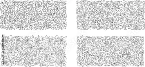 Four distinct rectangular panels showcasing intricate patterns of varying densities and textures from a top-down viewpoint