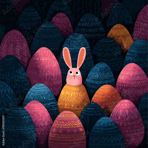 Bunny peeking from behind colorful Easter eggs greeting card. Bunny character hiding among patterned Easter eggs and dark foliage, celebrating the spring holiday