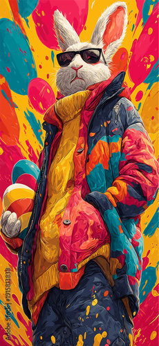 Cool Easter bunny wearing sunglasses holding decorated egg. Easter poster. Anthropomorphic bunny wearing colorful jacket, surrounded by paint splatters and festive eggs