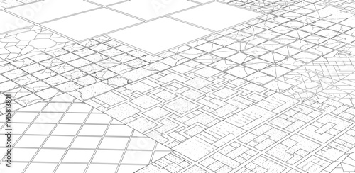 Aerial view of a complex grid pattern resembling a city map or architectural blueprint with intersecting lines and geometric shapes