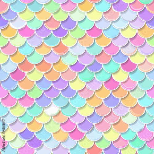 Pastel rainbow mermaid scales seamless pattern background. Cute iridescent texture creating a dreamy fantasy wallpaper for packaging