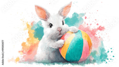 White rabbit holding colorful Easter egg, watercolor splash background. White rabbit holding a brightly striped Easter egg against a vibrant watercolor splash background