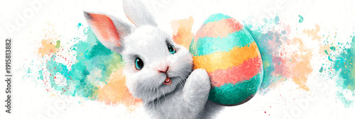 White rabbit holding colorful Easter egg, watercolor splash background. White rabbit holding a brightly striped Easter egg against a vibrant watercolor splash background