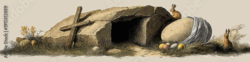 Empty tomb with cross and easter bunnies celebrating resurrection. Easter greeting card. Empty cave, stone rolled away, with cross, bunnies and colorful Easter eggs