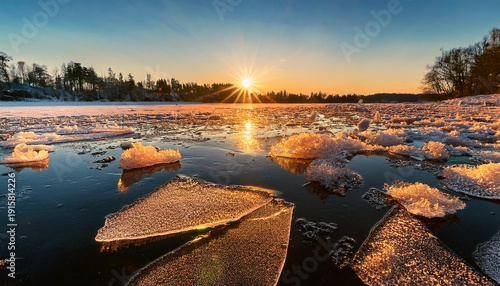 Golden Sunset Reflecting On Sharp Ice Shards With Frozen Bubbles On A Serene Winter Lake