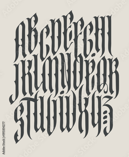 Gothic font. A complete set of English capital letters in a vintage style. Medieval Latin letters. Vector calligraphy and lettering.