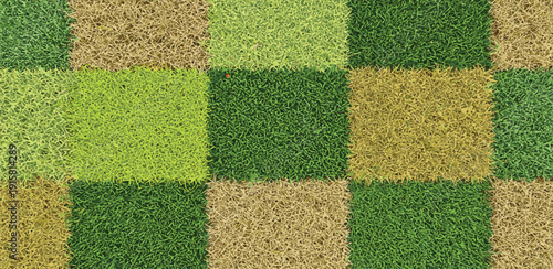A textured grid pattern featuring green and beige squares in a harmonious arrangement from a top-down viewpoint