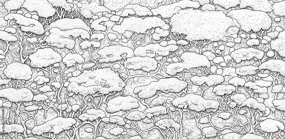 Obraz premium Serene landscape illustration of clouds, trees, and rocks from a high viewpoint