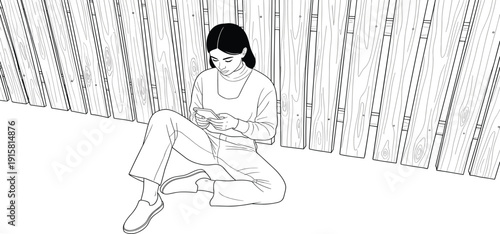 A woman sits cross-legged on the floor against a bamboo fence, engrossed in her mobile phone, illustration style