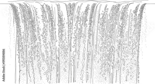 A serene waterfall cascading down a rocky cliff, surrounded by lush greenery, from a close-up viewpoint