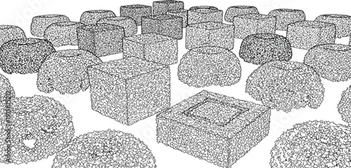 Collection of assorted food items including donuts and cubes arranged in a scattered pattern from an overhead viewpoint