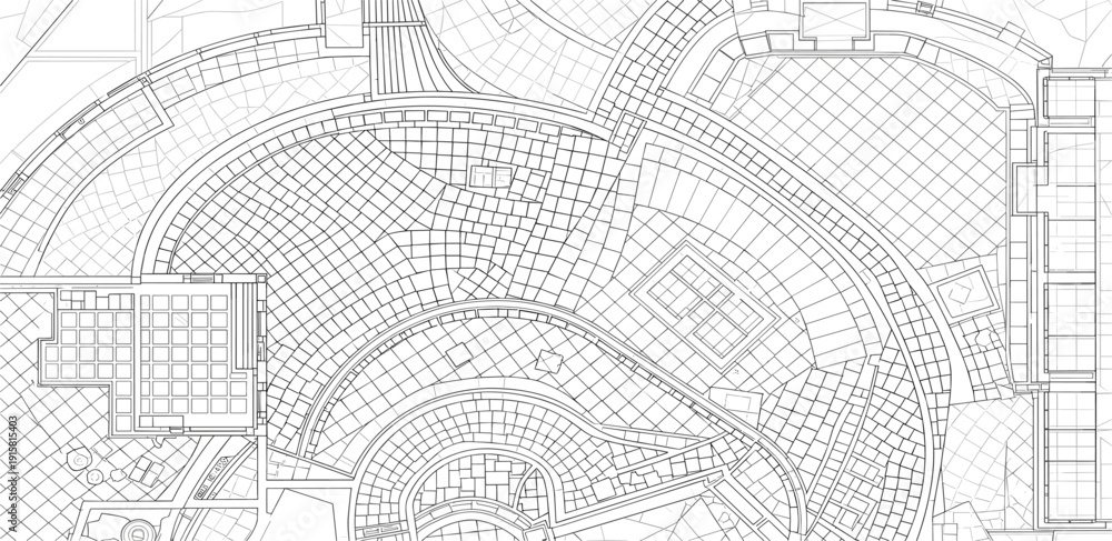 Obraz premium Aerial view of a detailed architectural blueprint of a large circular building complex with grid patterns and pathways