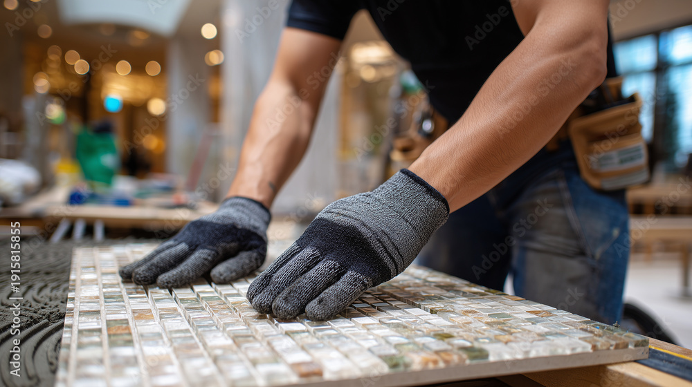 Obraz premium Detailed photorealistic medium shot of gloved hands checking level on a newly installed tile row, bubble in sharp focus, reflections on smooth tiles visible, blurred construction b